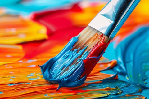 Close up of art brush painting thick oil paint strokes on canvas. KI generiert, generiert, AI