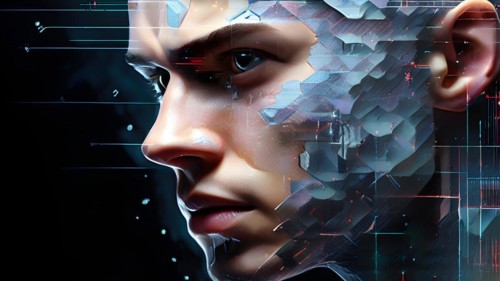 AI generated human portrait transitioning from lifelike human to a pixelated digital effect