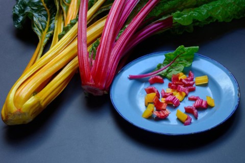 Swiss chard, chopped stems on plate, Beta vulgaris