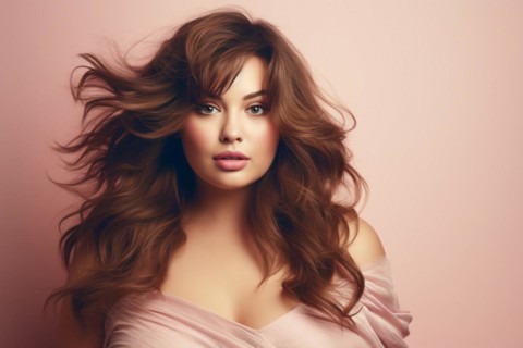 Portrait of beautiful curvy plus size woman in front of studio background. KI generiert, generiert,