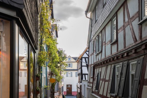 Old half-timbered houses in a town. Streets and buildings in the morning in Wetzlar, Hesse Germany