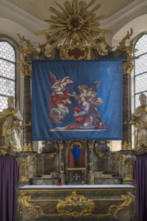 Historic Lenten cloth, made in 1726, in front of the main altar, St Nicholas parish church,