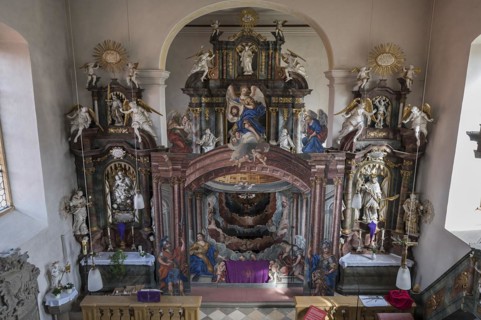 Holy Sepulchre, created in 1764, in front of the altar of St Bartholomew's Church, Kleineibstadt,