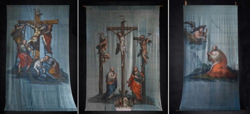 Three historical Lenten cloths on a black background, created around 1890, St Laurentius Church,