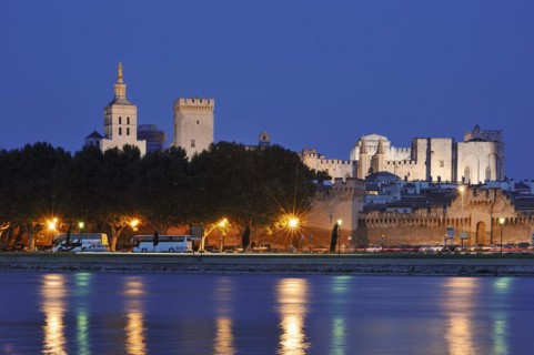 Papal Palace and Notre-Dame des Doms Cathedral at night, Avignon, Vaucluse, Provence-Alpes-Cote