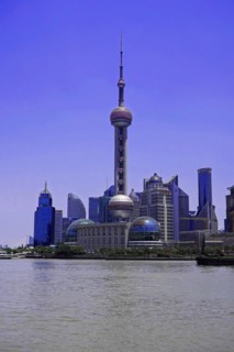 View from the Bund to the skyline at the Huangpu River with Oriental Pearl Tower, World Financial