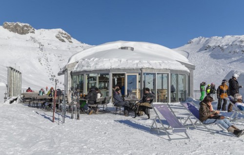 Bar at the Hoefatsblick station on the Nebelhorn, Oberstdorf, Allgaeu, Swabia, Bavaria, Germany,
