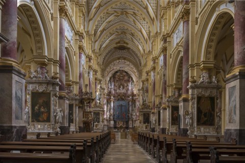 Nave with the Lenten cloth in front of the high altar, Ebrach Abbey, former Cistercian abbey,
