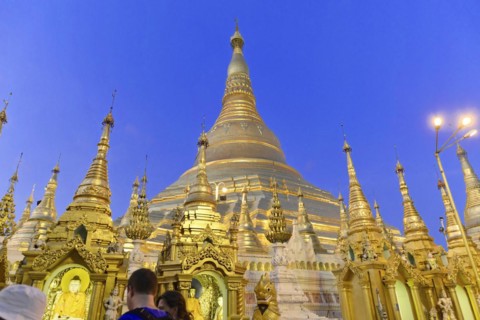 Shwedagon Pagoda, Yangon, Myanmar, Asia, The Shwedagon Pagoda at night, illuminated by floodlights