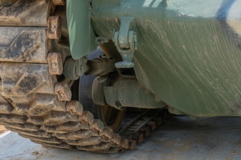 Front inside view of tracks on tank used in Korean war on display in public park in Nonsan, South