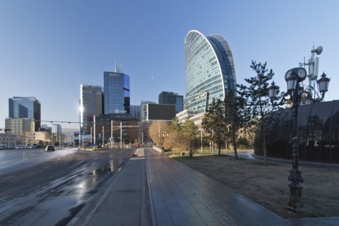 Morning sun at the Blue Sky Tower on Sukhbaatar Square, Chinggis Square in the capital Ulaanbaatar,