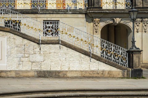 Architectural details of Pillnitz Castle on the edge of the Elbe cycle path in Pillnitz, Dresden,