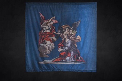 Historic Lenten cloth, made in 1726, on a black background, parish church of St Nicholas,