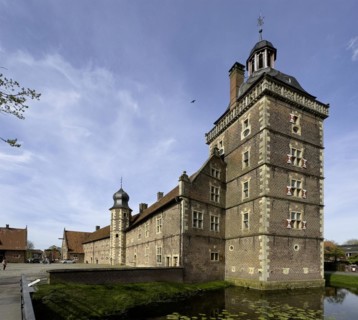 Perspective corrected photo View of in the foreground Sterndeuterturm stands in moat behind it