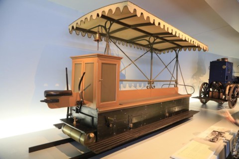 Motorised narrow-gauge tram Daimler Motor-Waggonet from 1891, Mercedes-Benz Museum, Stuttgart,