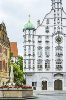 Historic market square with market fountain, wheelhouse and town hall, old town centre of