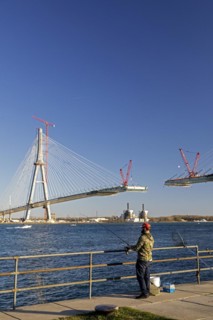 Detroit, Michigan USA -15 April 2024, Construction of the Gordie Howe International Bridge. The