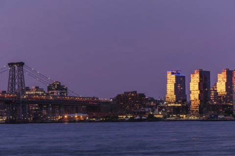 View over the East River to Williamsburg and Williamsburg Bridge, New York City, New York, USA, New