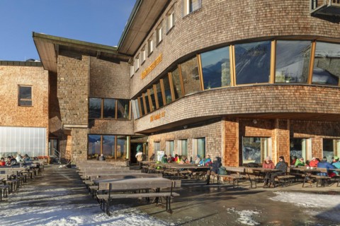Restaurant at the Hoefatsblick station on the Nebelhorn, Oberstdorf, Allgaeu, Swabia, Bavaria,