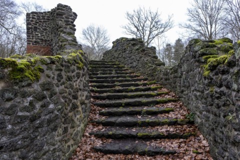 Stone staircase at the grotto in Ludwigslust Palace Park, built in 1788 by court architect Johann
