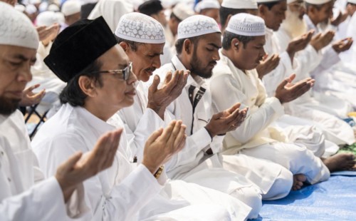 GUWAHATI, INDIA, APRIL 11: Muslims gather to perform Eid al-Fitr prayer at Eidgah in Guwahati,