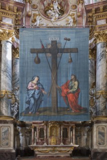 Historic Lenten cloth, around 1750, in front of the altar, St Roch's Monastery Church, Ebrach,