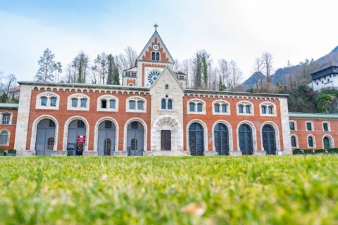 Front view of an architecturally remarkable building with brick facade, Alte saltworks, Bad