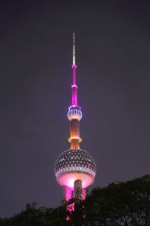 Oriental Pearl Tower, Pudong, Shanghai, China, Asia, Tower illuminated in purple behind treetops at