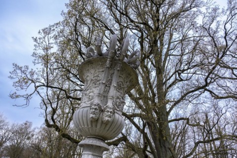 Cast zinc vase on a pedestal in the castle park, Ludwigslust, Mecklenburg-Vorpommern, Germany,