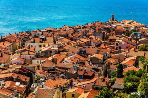 View from the bell tower over Piran, harbour town of Piran on the Adriatic coast with Venetian