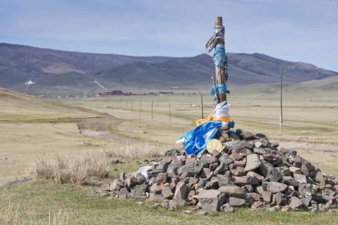 Ovoo in the grassland on the way to the Buddhist monastery Amarbayasgalant, Selenge Aimak, Selenge