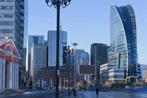 Central Tower Ulaanbaatar, Blue Sky Tower and statue of Damdin Suekhbaatar on Sukhbaatar Square,