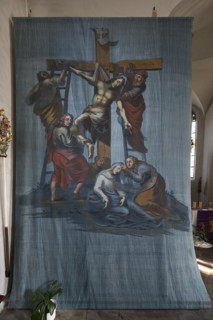 Historic Lenten cloth in front of the left side altar, created around 1890, St Laurentius Church,