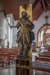Sculpture of St Oswald, patron saint of St Oswald's Church, Baunach, Upper Franconia, Bavaria,