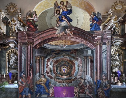 Holy Sepulchre, created in 1764, in front of the altar of St Bartholomew's Church, Kleineibstadt,