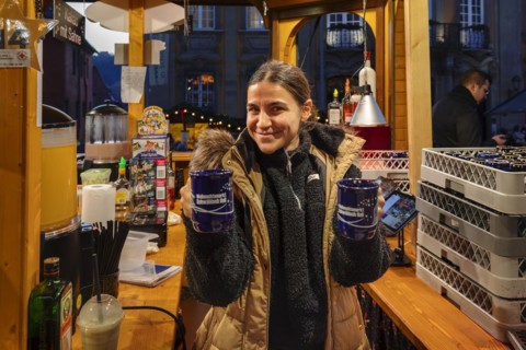 Mulled wine bar at the Christmas market in Schwaebisch Hall, Baden-Wuerttemberg, Germany,