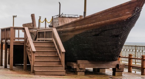 Wooden boat used by defectors from North Korea on display at Unification Park in Gangneung, South