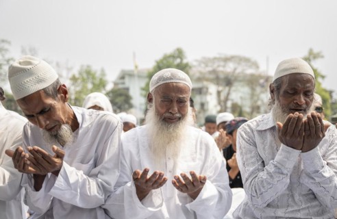 GUWAHATI, INDIA, APRIL 11: Muslims gather to perform Eid al-Fitr prayer at Eidgah in Guwahati,