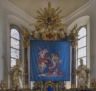 Historic Lenten cloth, made in 1726, in front of the main altar, St Nicholas parish church,