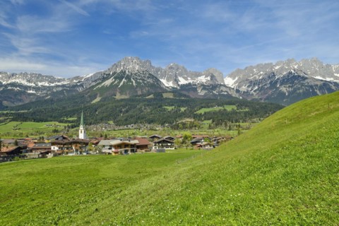 View of the village of Ellmau am Wilden Kaiser, Kufstein, Tyrol, Austria, Europe
