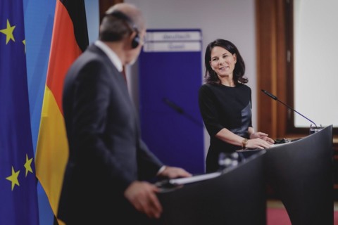 (R-L) Annalena Baerbock (Alliance 90/The Greens), Federal Foreign Minister, and Ayman Safadi,