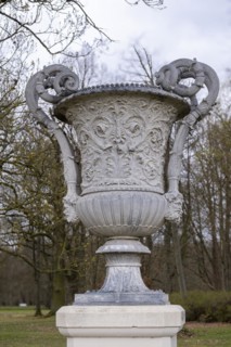 Cast zinc vase on a pedestal in the castle park, Ludwigslust, Mecklenburg-Vorpommern, Germany,