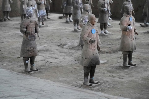 Figures of the terracotta army, Xian, Shaanxi Province, China, Asia, Terracotta soldiers seen from