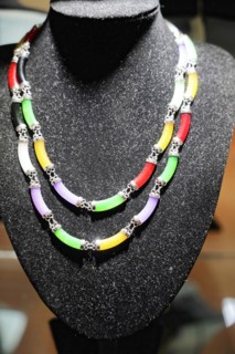Xian, Shaanxi Province, China, Asia, A colourful necklace presented in a jewellery showcase, luxury