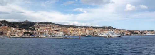View from the sea, harbour and town of Maddalena, panoramic view, Isola La Maddalena, Sardinia,