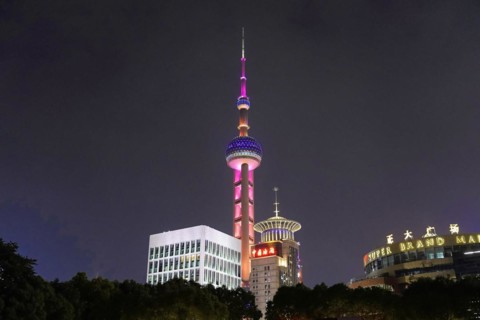 Oriental Pearl Tower, Pudong, Shanghai, China, Asia, The illuminated skyline at night with the