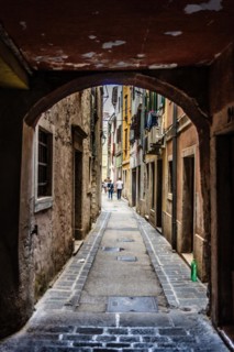 Old town alley, harbour town Piran on the Adriatic coast with Venetian flair, Slovenia, Piran,