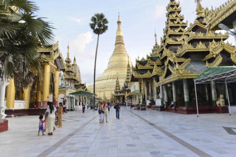 Shwedagon Pagoda, Yangon, Myanmar, Asia, Group of people and tourists in front of an imposing
