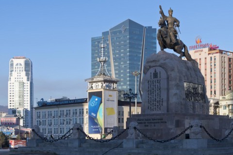 Statue of Damdin Suekhbaatar on Genghis Khan Square or Suekhbaatar Square in front of the post