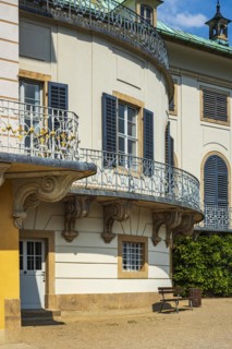 Architectural details of Pillnitz Castle on the edge of the Elbe cycle path in Pillnitz, Dresden,